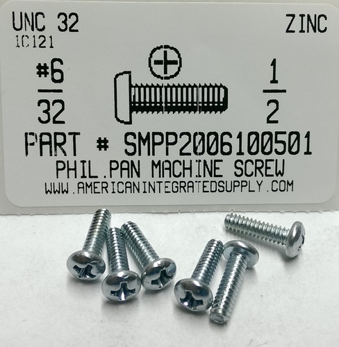 #6-32X1/2 PAN HEAD PHILLIPS MACHINE SCREW STEEL ZINC PLATED