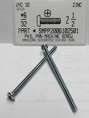 #6-32X2-1/2 PAN HEAD PHILLIPS MACHINE SCREW STEEL ZINC PLATED