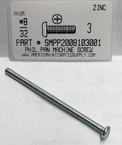 #8-32X3 PAN HEAD PHILLIPS MACHINE SCREW STEEL ZINC PLATED