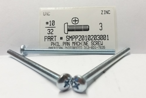 #10-32X3 PAN HEAD PHILLIPS MACHINE SCREW STEEL ZINC PLATED