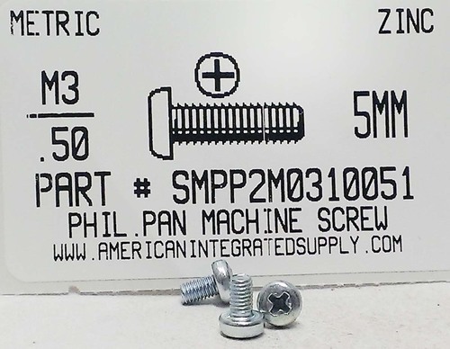 M3-.50X5mm PAN HEAD PHILLIPS MACHINE SCREW STEEL ZINC D7985