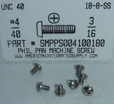 #4-40X3/16 PAN HEAD PHILLIPS MACHINE SCREW 18-8 STAINLESS STEEL