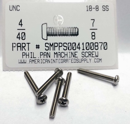 #4-40X7/8 PAN HEAD PHILLIPS MACHINE SCREW 18-8 STAINLESS STEEL