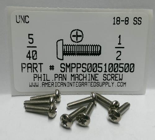 #5-40X1/2 PAN HEAD PHILLIPS MACHINE SCREW 18-8 STAINLESS STEEL