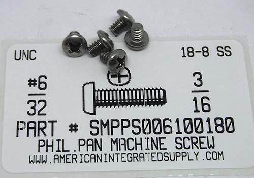 #6-32X3/16 PAN HEAD PHILLIPS MACHINE SCREW 18-8 STAINLESS STEEL