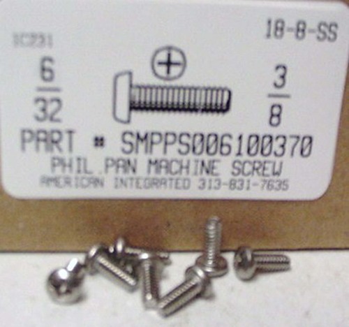 #6-32X3/8 PAN HEAD PHILLIPS MACHINE SCREW 18-8 STAINLESS STEEL