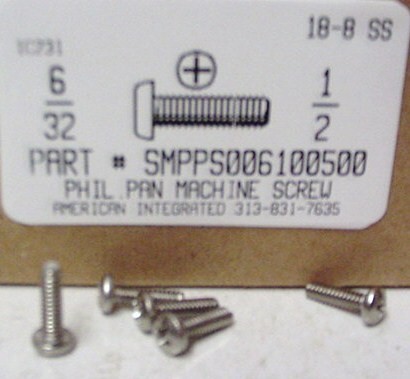 #6-32X1/2 PAN HEAD PHILLIPS MACHINE SCREW 18-8 STAINLESS STEEL