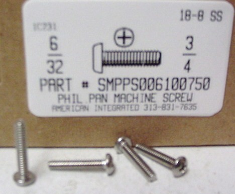 #6-32X3/4 PAN HEAD PHILLIPS MACHINE SCREW 18-8 STAINLESS STEEL