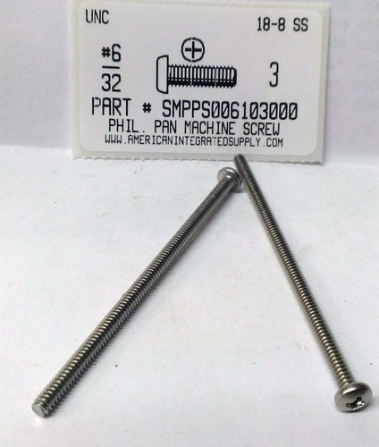 #6-32X3 PAN HEAD PHILLIPS MACHINE SCREW 18-8 STAINLESS STEEL