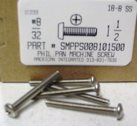 #8-32X1-1/2 PAN HEAD PHILLIPS MACHINE SCREW 18-8 STAINLESS STEEL