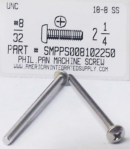 #8-32X2-1/4 PAN HEAD PHILLIPS MACHINE SCREW 18-8 STAINLESS STEEL