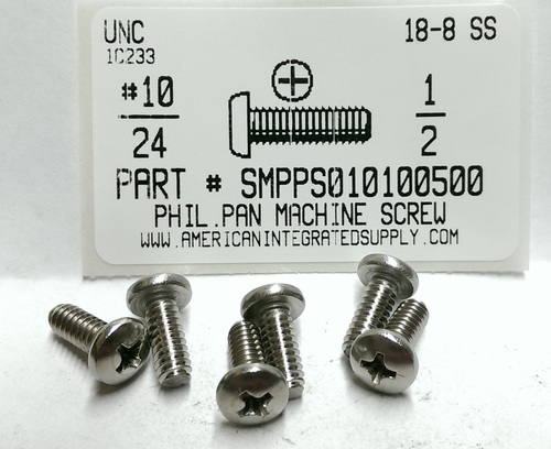 #10-24X1/2 PAN HEAD PHILLIPS MACHINE SCREW 18-8 STAINLESS STEEL