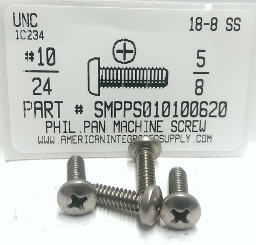 #10-24X5/8 PAN HEAD PHILLIPS MACHINE SCREW 18-8 STAINLESS STEEL