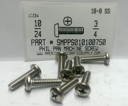 #10-24X3/4 PAN HEAD PHILLIPS MACHINE SCREW 18-8 STAINLESS STEEL