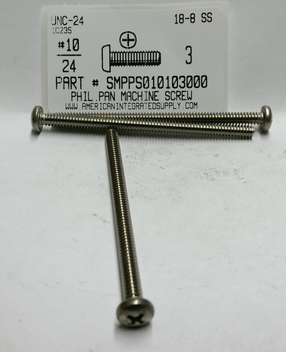 #10-24X3 PAN HEAD PHILLIPS MACHINE SCREW 18-8 STAINLESS STEEL