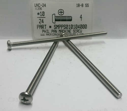 #10-24X4 PAN HEAD PHILLIPS MACHINE SCREW 18-8 STAINLESS STEEL