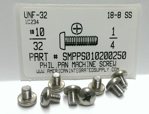 #10-32X1/4 PAN HEAD PHILLIPS MACHINE SCREW 18-8 STAINLESS STEEL