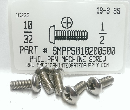 #10-32X1/2 PAN HEAD PHILLIP MACHINE SCREW 18-8 STAINLESS STEEL