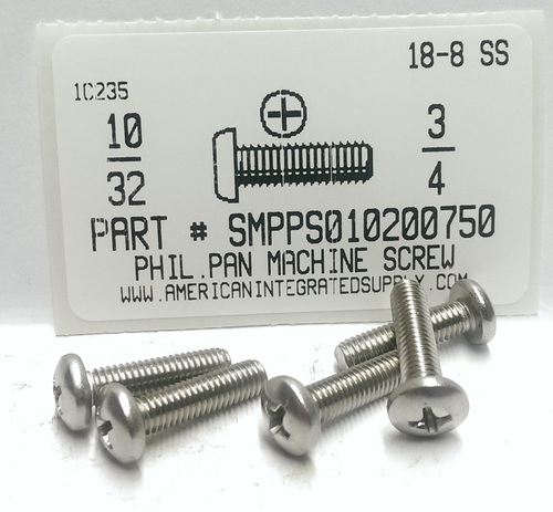#10-32X3/4 PAN HEAD PHILLIPS MACHINE SCREW 18-8 STAINLESS STEEL