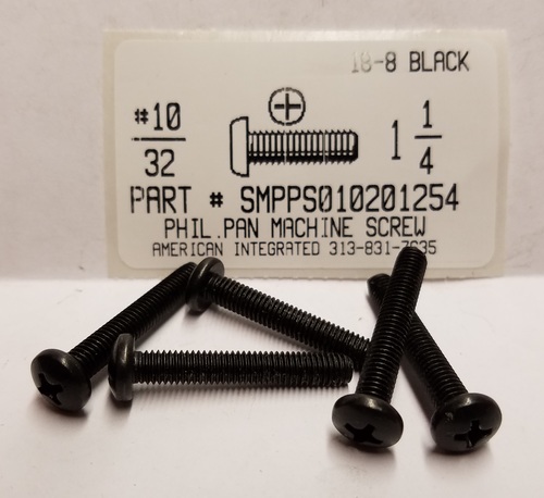 #10-32X1-1/4 PAN HEAD PHILLIPS MACHINE SCREW 18-8 STAINLESS STEEL BLACK OXIDE