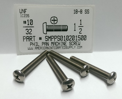 #10-32X1-1/2 PAN HEAD PHILLIPS MACHINE SCREW 18-8 STAINLESS STEEL