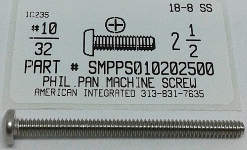 #10-32X2-1/2 PAN HEAD PHILLIPS MACHINE SCREW 18-8 STAINLESS STEEL