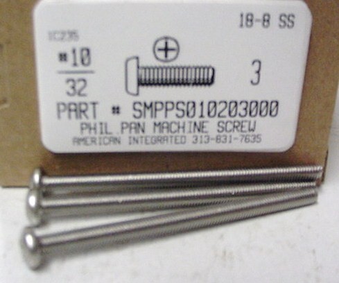 #10-32X3 PAN HEAD PHILLIPS MACHINE SCREW 18-8 STAINLESS STEEL