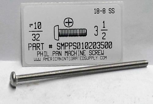 #10-32X3-1/2 PAN HEAD PHILLIPS MACHINE SCREW 18-8 STAINLESS STEEL