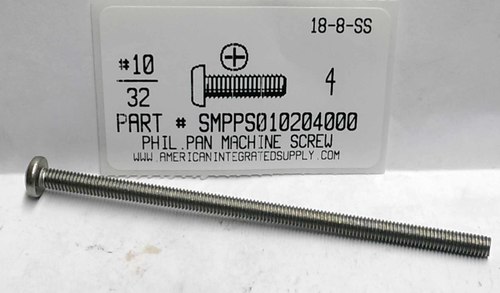 #10-32X4 PAN HEAD PHILLIPS MACHINE SCREW 18-8 STAINLESS STEEL