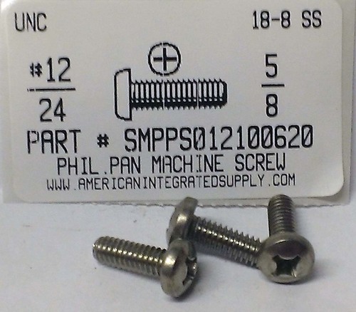 12-24X5/8 PAN HEAD PHILLIPS MACHINE SCREW 18-8 STAINLESS STEEL