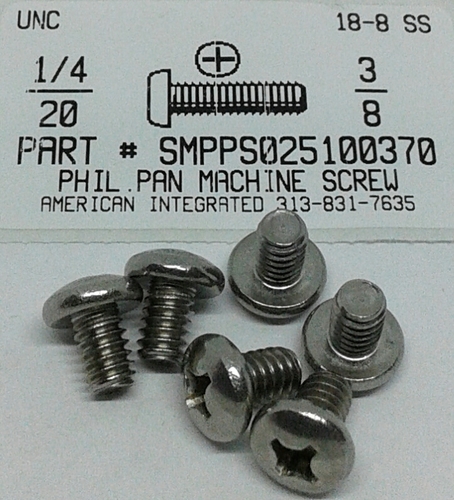 1/4-20X3/8 PAN HEAD PHILLIPS MACHINE SCREW 18-8 STAINLESS STEEL