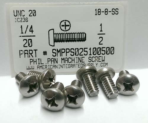 1/4-20X1/2 PAN HEAD PHILLIPS MACHINE SCREW 18-8 STAINLESS STEEL