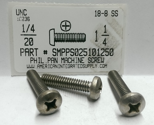 1/4-20X1-1/4 PAN HEAD PHILLIPS MACHINE SCREW 18-8 STAINLESS STEEL