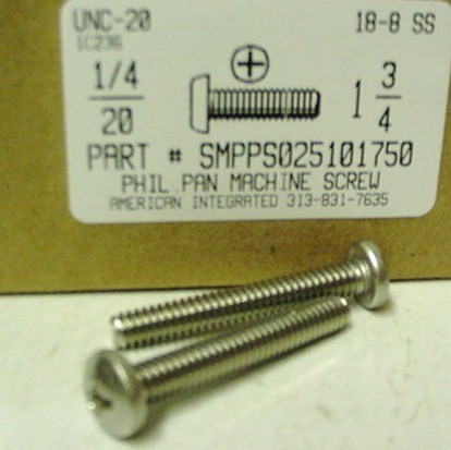 1/4-20X1-3/4 PAN HEAD PHILLIPS MACHINE SCREW 18-8 STAINLESS STEEL