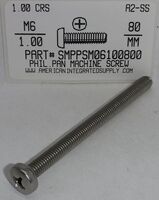 M6-1.00X80MM PAN HEAD PHILLIPS MACHINE SCREW A2 STAINLESS STEEL