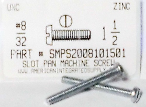 #8-32X1-1/2 PAN HEAD SLOTTED MACHINE SCREW STEEL ZINC PLATED