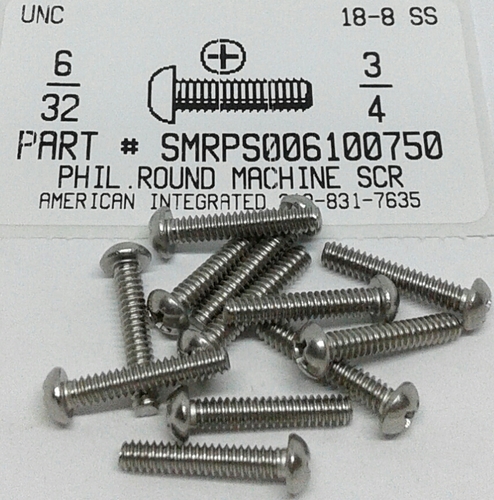 #6-32X3/4 ROUND HEAD PHILLIPS MACHINE SCREW 18-8 STAINLESS STEEL