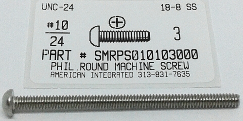 #10-24X3 ROUND HEAD PHILLIPS MACHINE SCREW 18-8 STAINLESS STEEL