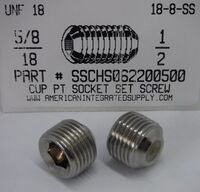 5/8-18X1/2 SOCKET SET SCREW CUP POINT 18-8 STAINLESS STEEL
