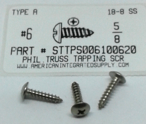 #6X5/8 TRUSS HEAD PHILLIPS TAPPING SCREW A 18-8 STAINLESS STEEL