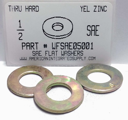 WFSAE05001 1/2 SAE FLAT WASHER THRU HARDENED STEEL YELLOW ZINC PLATED 1-1/16" OUTER DIAMETER