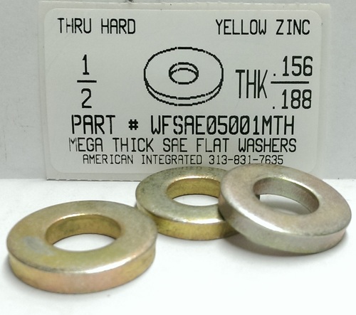 WFSAE05001MTH 1/2 SAE MEGA THICK FLAT WASHER THRU HARDENED STEEL YELLOW ZINC PLATED .156-.188 THICK