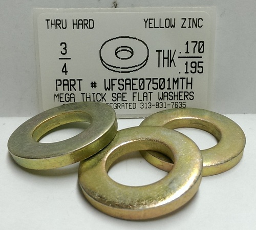 WFSAE07501MTH 3/4 SAE MEGA THICK FLAT WASHER THRU HARDENED STEEL YELLOW ZINC PLATED .170-.195 THICK