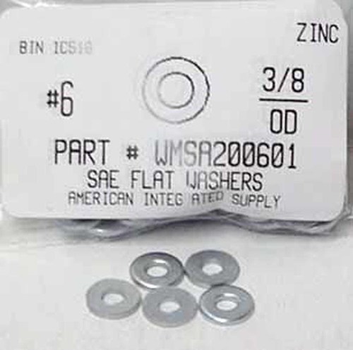 WMSA200601 #6 SAE FLAT WASHER STEEL ZINC .155"-.145" ID X .380"-.370"OD X .036"-.028"TH