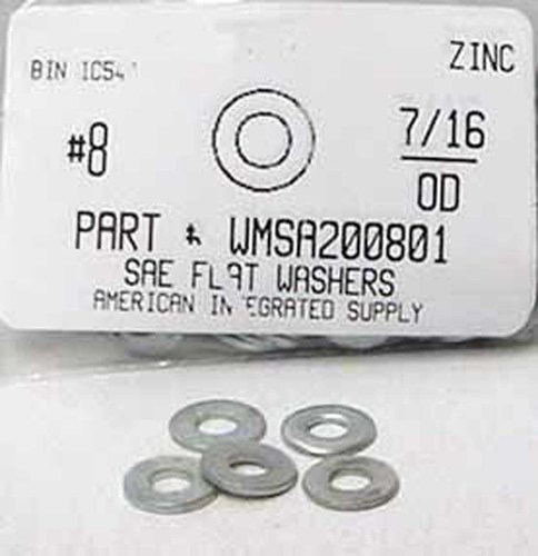 #8 SAE FLAT WASHER STEEL ZINC 3/16 ID X 7/16 OD X 3/64 TH NOMINAL